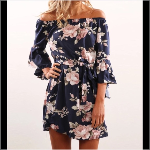 Navy Floral Off the Shoulder Dress ♻️Re-stock - Picture 2 of 5
